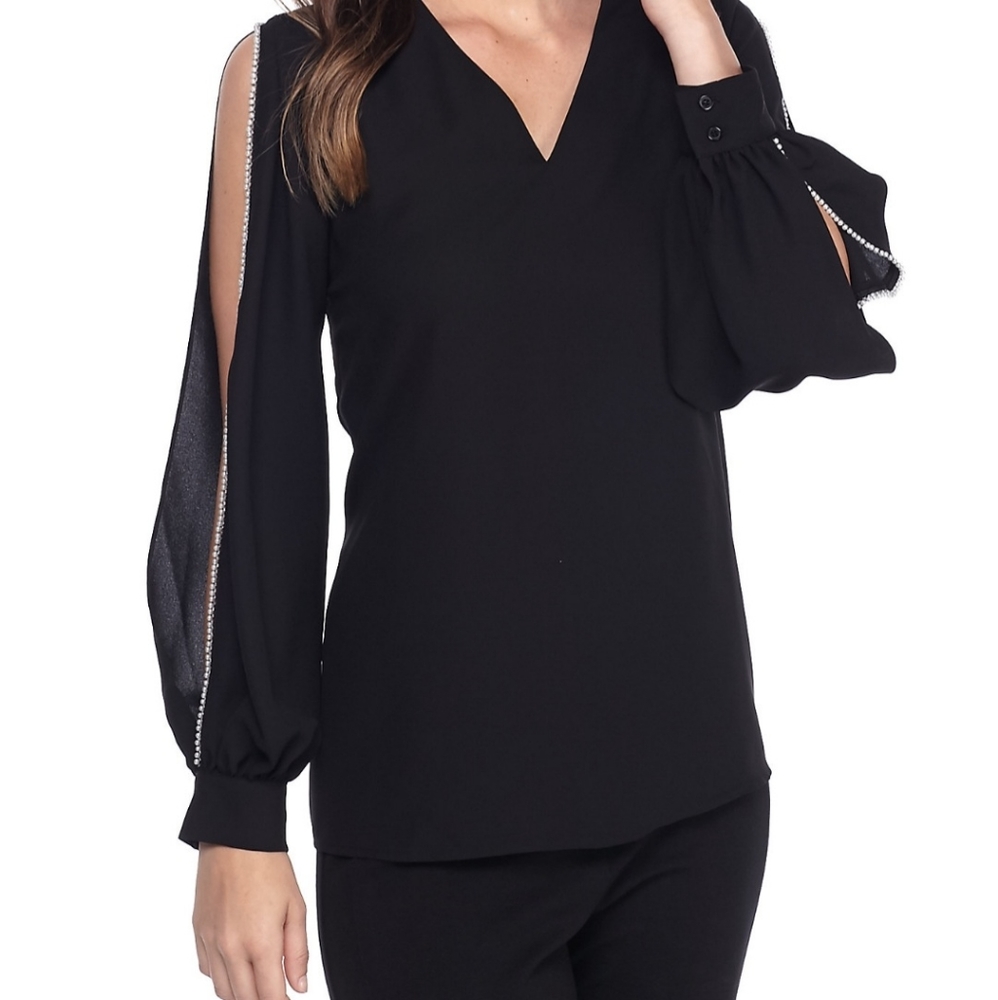 NWT Nine West black split sleeve blouse And Pearl Embellishments